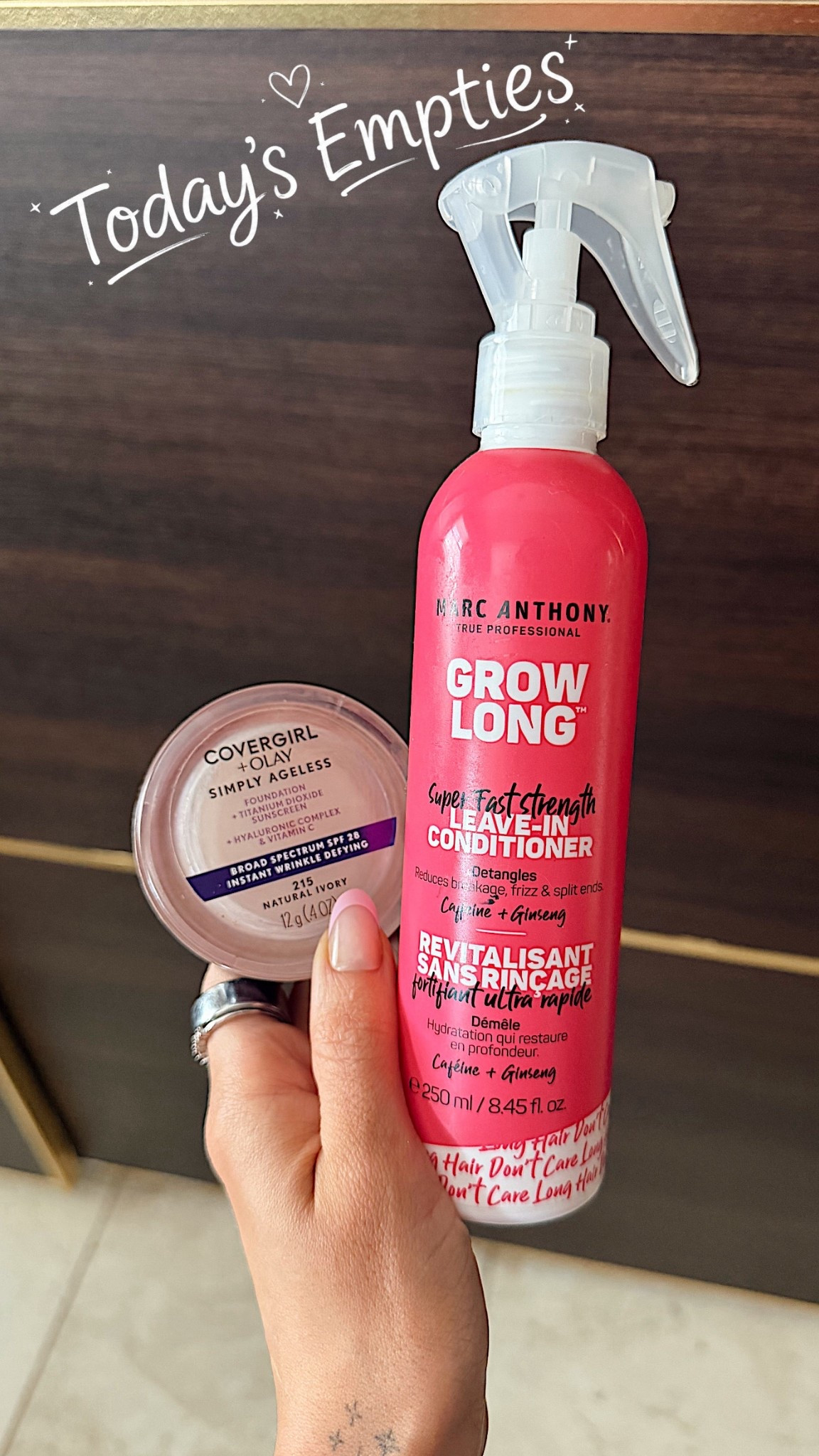 Today’s Empties 

Marc Anthony Grow Long Leave-In Conditioner
So I bought this on a whim for the girls when their leave in ran out. I used it once after swimming in the pool and instantly fell in love. I used up my L’Oréal EverPure 21 in 1 leave in and bought myself a bottle of this. So far this is my favorite leave in to date! The smell is amazing, it leaves my hair so soft and shiny and the ability to aid in detangling is 10/10

Covergirl Simply Ageless Foundation
Immediately reordered this yet again. This will be my 3rd pot of this since trying it. It is my #1 foundation! It’s got medium but buildable coverage that is super lightweight and glowy. I’ve never been complimented more on my makeup since using this!

#LTKselfcare #LTKmomlife #LTKBeauty