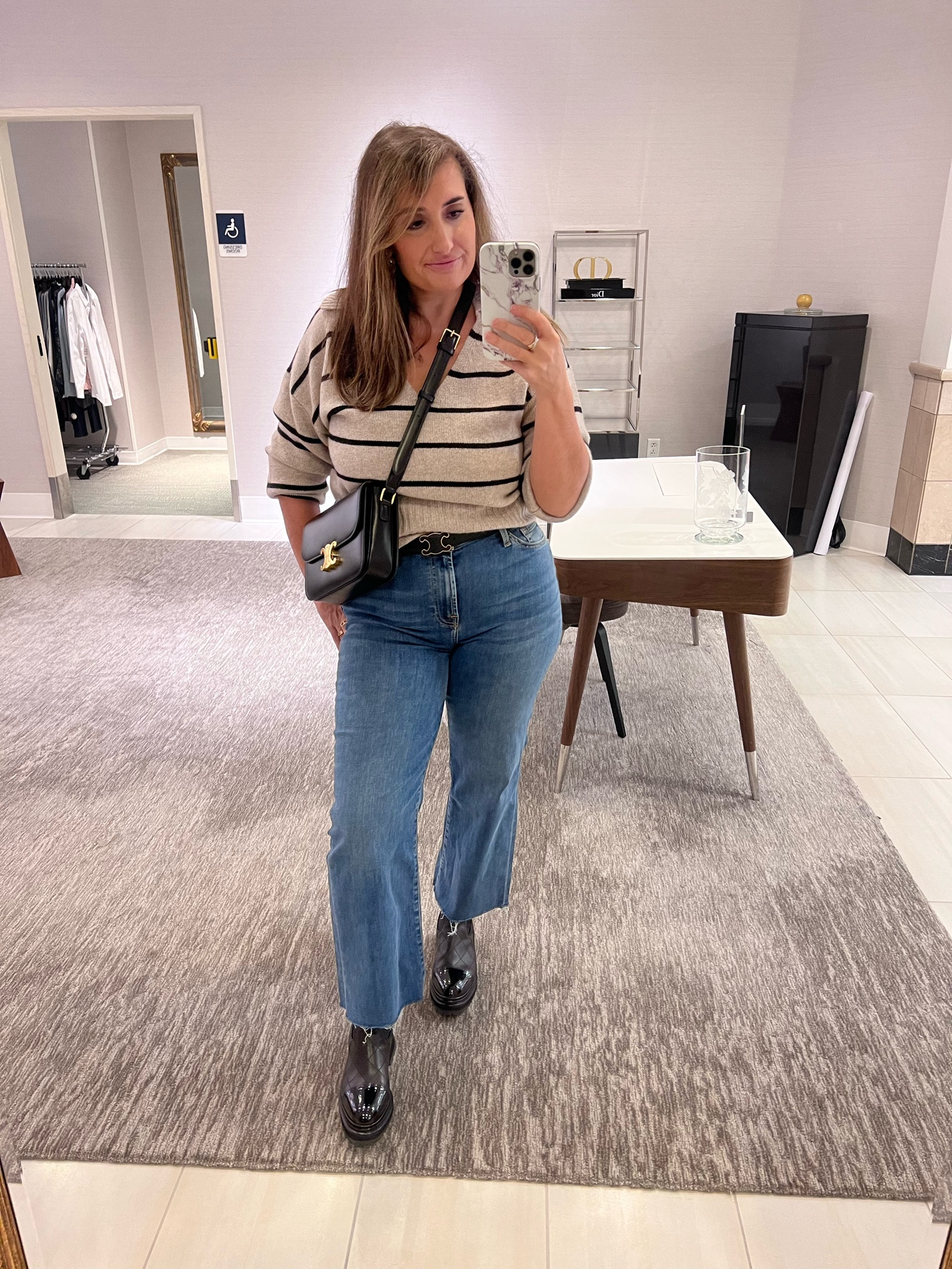 Parisian style, striped sweater, Celine bag, Celine belt, Chanel boots 

#LTKstyletip #LTKitbag