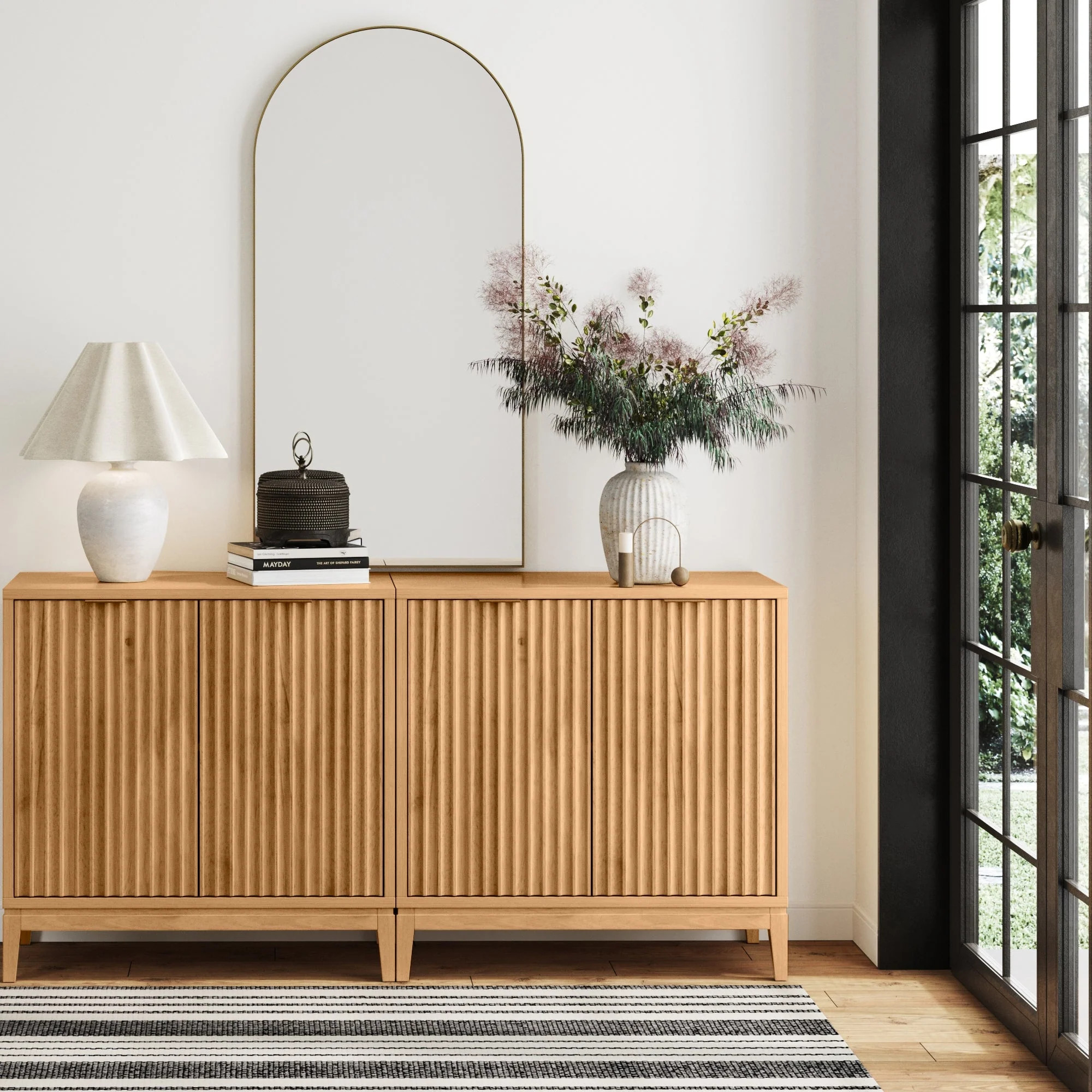 Mid-Century Fluted Storage Cabinet Credenza Warm Pine (Set of 2) | Nathan James