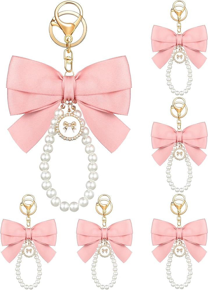 Sureio Pink Bow Keychain Coquette Pearl Bowknot Keyring Bulk Wristlet Keychain Vintage Ribbon Pur... | Amazon (US)