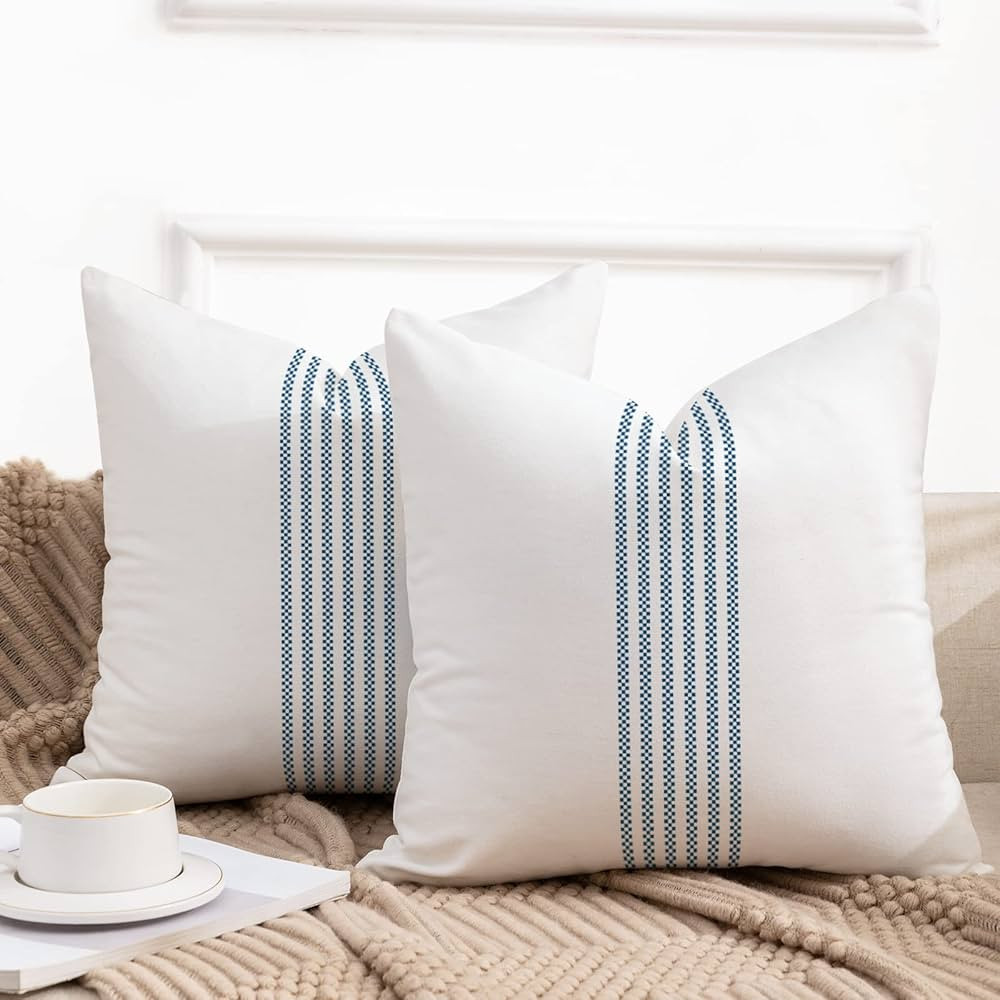 YCOLL Farmhouse Pillow Covers 20x20, Boho Throw Pillow Covers Set of 2, Blue Striped Linen Decora... | Amazon (US)