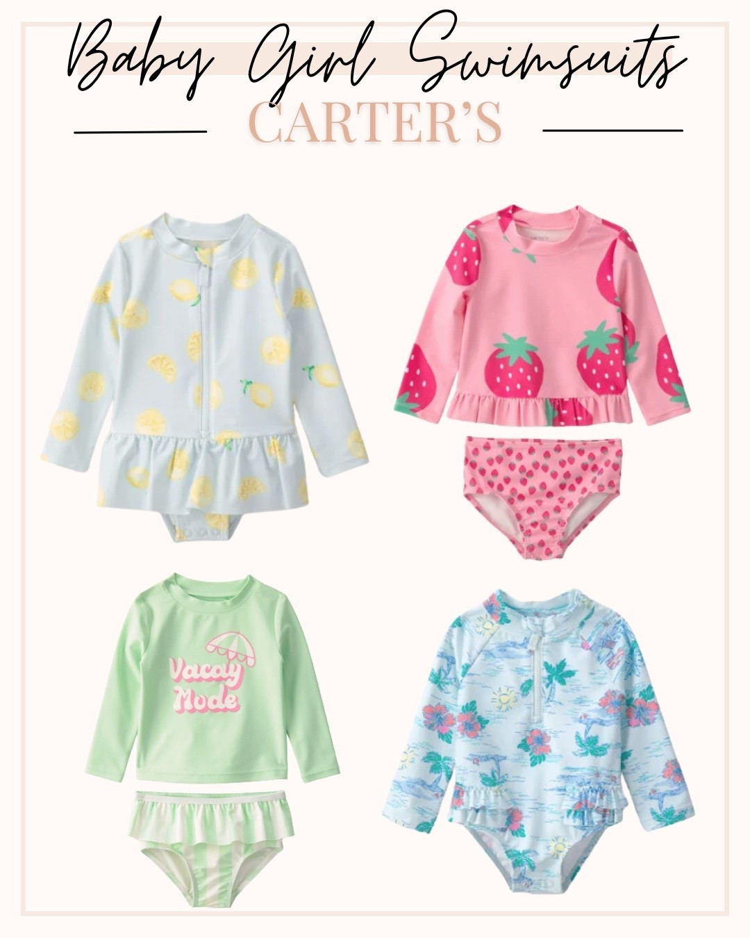 Check out these baby girl swimsuits 

Baby girl, swimsuit, carters

#LTKsummer #LTKkids #LTKbaby
