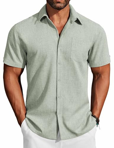 COOFNDY Linen Shirts for Men Beach Shirts Men's Short Sleeve Button Down Shirt Green | Amazon (US)