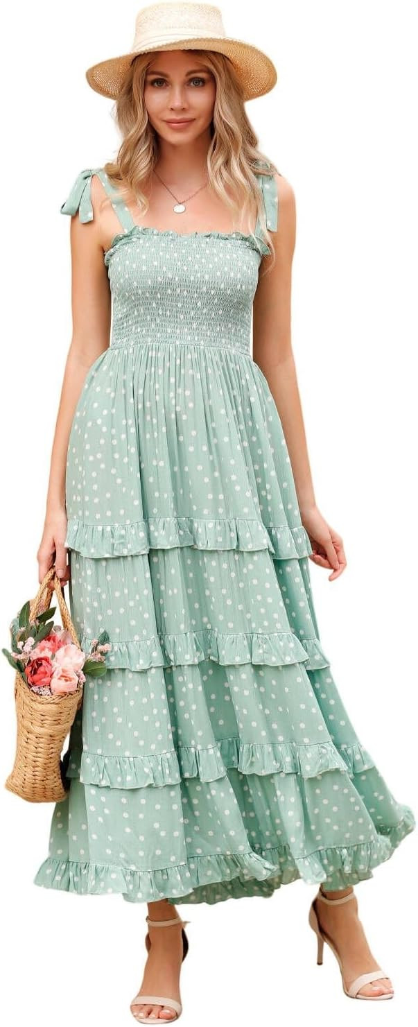 R.Vivimos Women's Summer Straps Cotton Irregular Polka Dot Ruffles Midi Dress | Amazon (US)