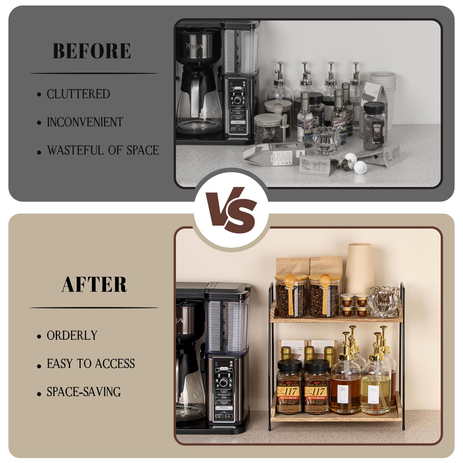 Countertop Coffee Station Organizer, 2 Tier Wooden Shelf for Coffee Bar Accessories, Condiment St... | Amazon (US)