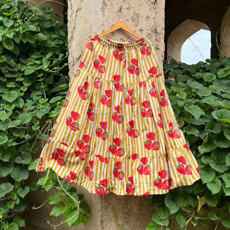 Handmade Strawberry Print Cotton Maxi Skirt, Elastic Waist Boho Skirt | Etsy (Global)
