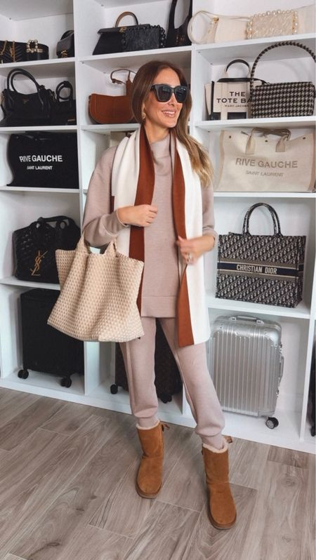 Winter chic loungewear outfit idea. Very comfortable and high quality. Love this scarf, perfect for this winter. Everything fits true to size. I am wearing a size small. 

#LTKstyletip #LTKU #LTKSeasonal