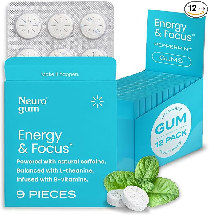 Neuro Gum | Nootropic Energy Caffeine Gum | 40mg Caffeine + 60mg L-theanine + B Vitamins for Ener... | Amazon (US)