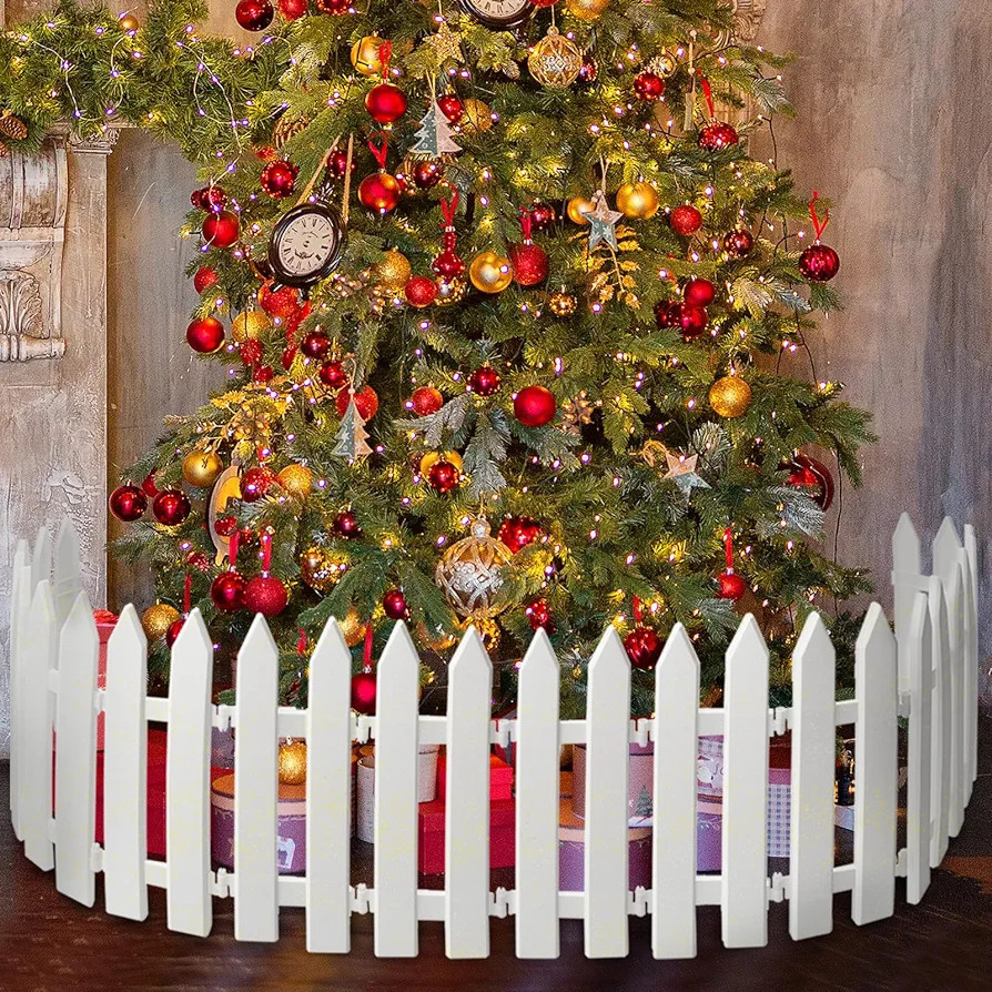 18PCS Christmas Tree Fence Plastic Picket Fence Decoration White with Gold Glitter Heavy Duty Ant... | Amazon (US)