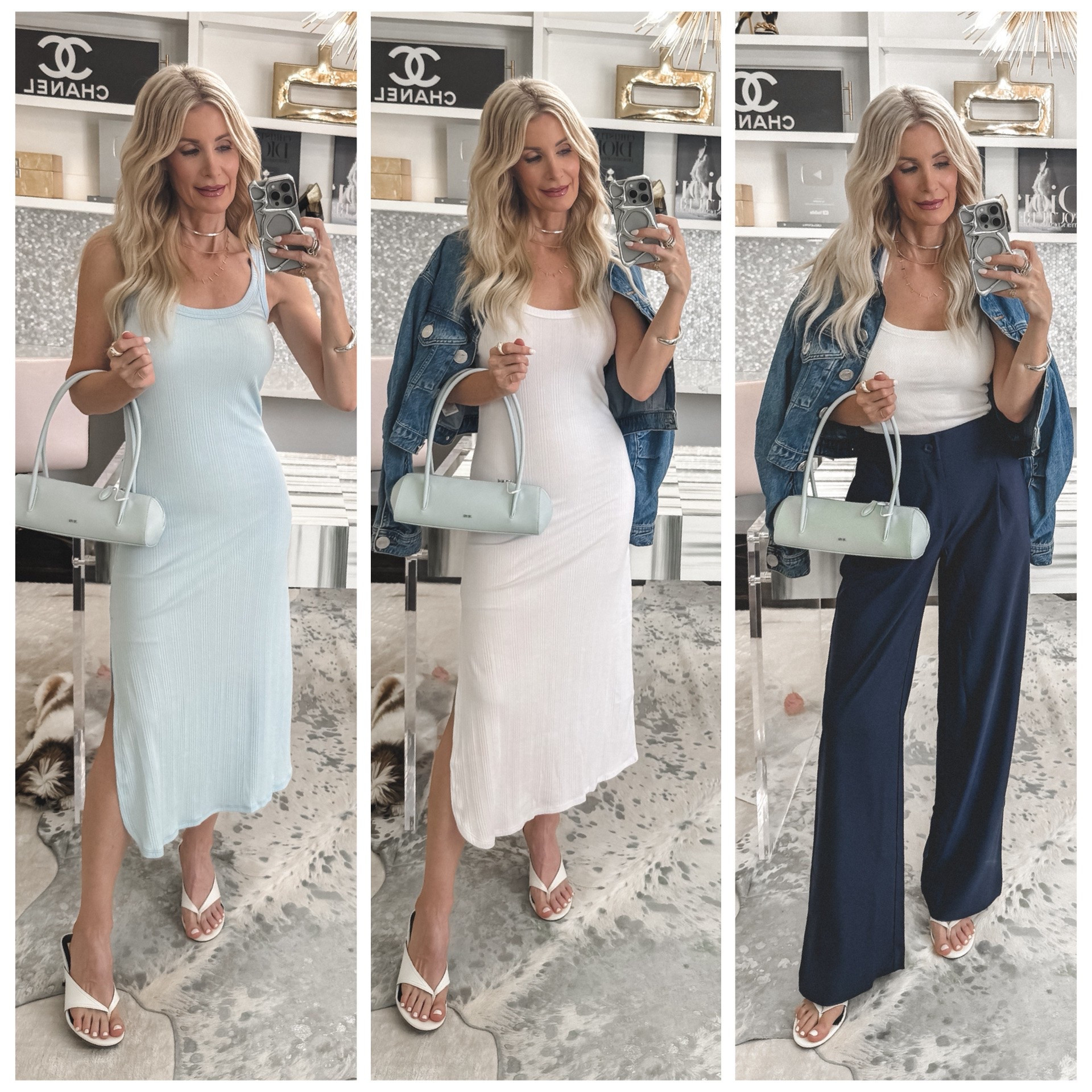 Three fabulous looks from Nordstrom Rack and honestly… the finds are SO good lately. 🙌✨

Look 1: This baby blue fitted mini dress is such a winner for summer. I love the color, the fit, and the fact that it’s comfortable, easy, and wrinkle-free. Paired it with this gorgeous baby blue East-West handbag that looks so designer but is under $100 👏 and these fabulous white Dolce Vita kitten heels that are the perfect summer staple.

Look 2: This white ribbed tank midi dress is one of those effortless pieces you can throw on and instantly look put together. I topped it off with a denim jacket and absolutely love this chic casual vibe.

Look 3: For a more casual everyday look, these navy blue trouser pants by Beyond Yoga are incredible. They have an elastic waist, pockets, and are wrinkle-free, which makes them perfect for travel too. Styled them with the same denim jacket and a simple white tank for an easy polished look.

Seriously, Nordstrom Rack has so many amazing finds right now. Linked everything for y’all! Everything runs true to size — I’m wearing an XS in both dresses, the pants, and the denim jacket. 💙

#RackScore

#LTKdayinmylife #LTKootd #LTKgrwm