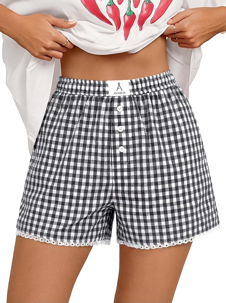ANRABESS Boxer Shorts for Women 2026 Summer Pajama Gingham Pj Shorts Casual Lounge Sleep Plaid Y2... | Amazon (US)