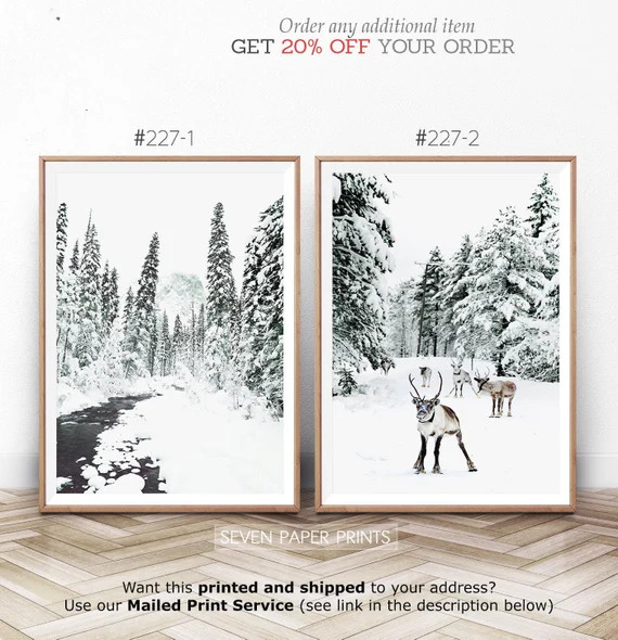 Set of 2 Christmas Scene Prints. Winter Landscape Diptych Wall Art with Reindeer and River in Sno... | Etsy (US)