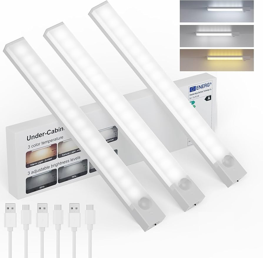 Under Cabinet Lights 8 Inch 3-Pack, Rechargeable Battery Operated Motion Sensor Light Indoor, Dim... | Amazon (US)
