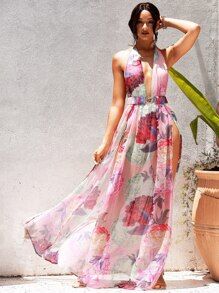 LOVE&LEMONADE Floral Print Backless Split Thigh Dress | SHEIN