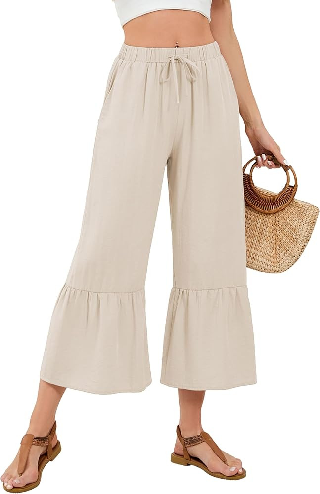 Himosyber Womens Cotton Wide Leg Cropped Pants Casual Drawstring Elastic Waisted Ruffle Hem Palaz... | Amazon (US)