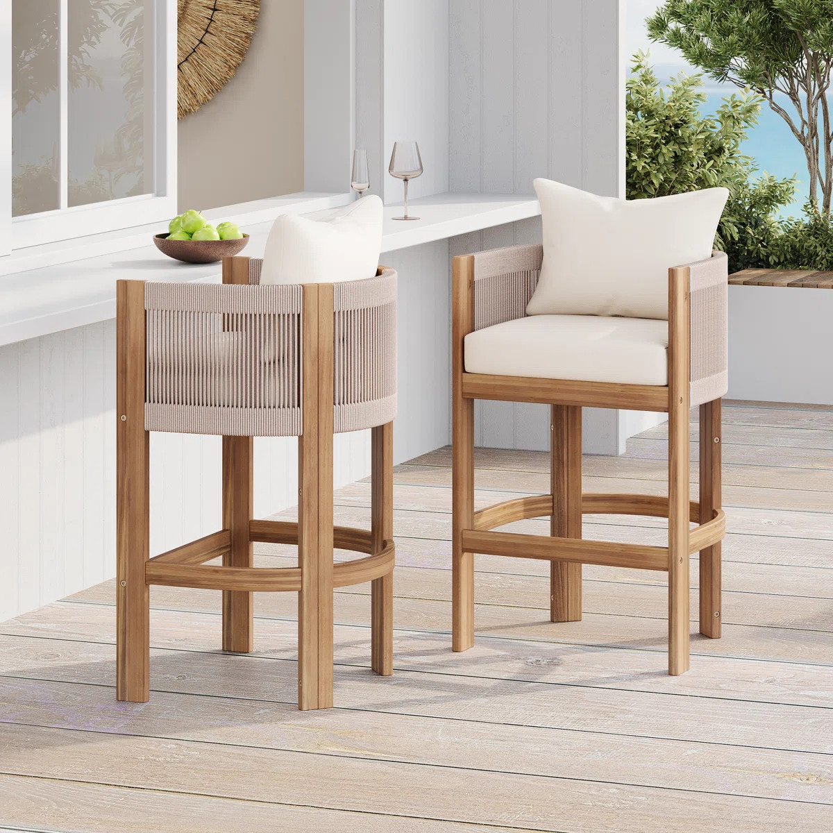 Saul Patio Seat Height Acacia Wood Bar Stools With Rope Back (Set of 2) | Wayfair North America