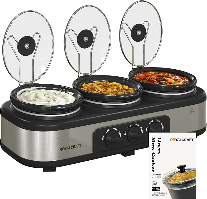 Sunvivi Slow Cooker with 10 Cooking Liners, Triple Slow Cooker Buffet Server 3 Pot Food Warmer fo... | Amazon (US)