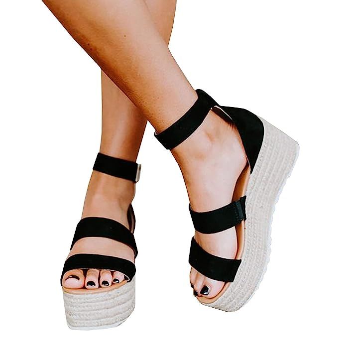 Syktkmx Womens Platform Strappy Sandals Low Wedge Heeled Ankle Strap Summer Espadrilles | Amazon (US)