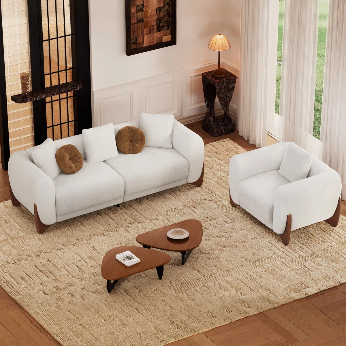 Ivy Bronx Keiven 2-Piece Living Room Set – Bouclé Sofa & Chair With Walnut Legs & Reviews | Wa... | Wayfair North America