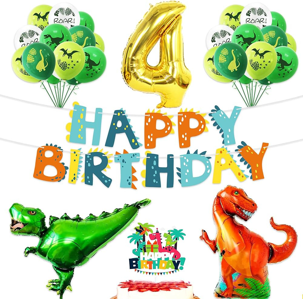 Happy 4th Birthday Balloons Set Dinosaur Themed Decoration – Dino Happy Birthday Banner and Cak... | Amazon (US)