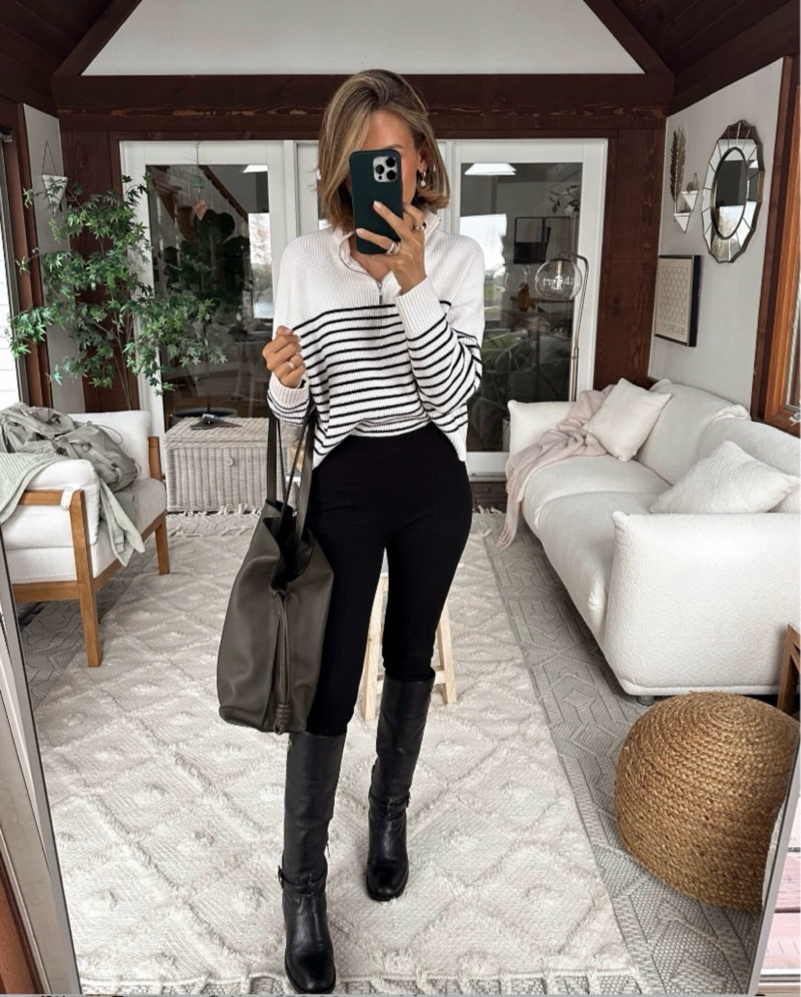 An everyday winter outfit idea (perfect for every outing!) ❄️ Go back to the basics this season with a pair of black leggings and a striped half-zip. Adding tall boots as your shoe of choice can give things a more polished feel (while also providing more coverage from the cold temps.) I’ve been loving the front slit legging look, and you could easily show off the silhouette by styling this outfit with sneakers. This stripped sweater is such a great one and I found a couple of really great dupes! 

#LTKItBag #LTKStyleTip #LTKShoeCrush
