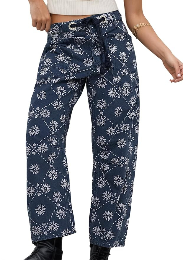 Mewunan Womens Pull-On Barrel Jeans Mid-Low Rise Boyfriend Drawstring Ankle Baggy Elastic Waist S... | Amazon (US)