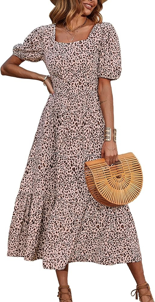 PRETTYGARDEN Women's Bohemian Dress Leopard Tie-Back Square Neck Puff Sleeve Ruffled Hem Summer M... | Amazon (US)