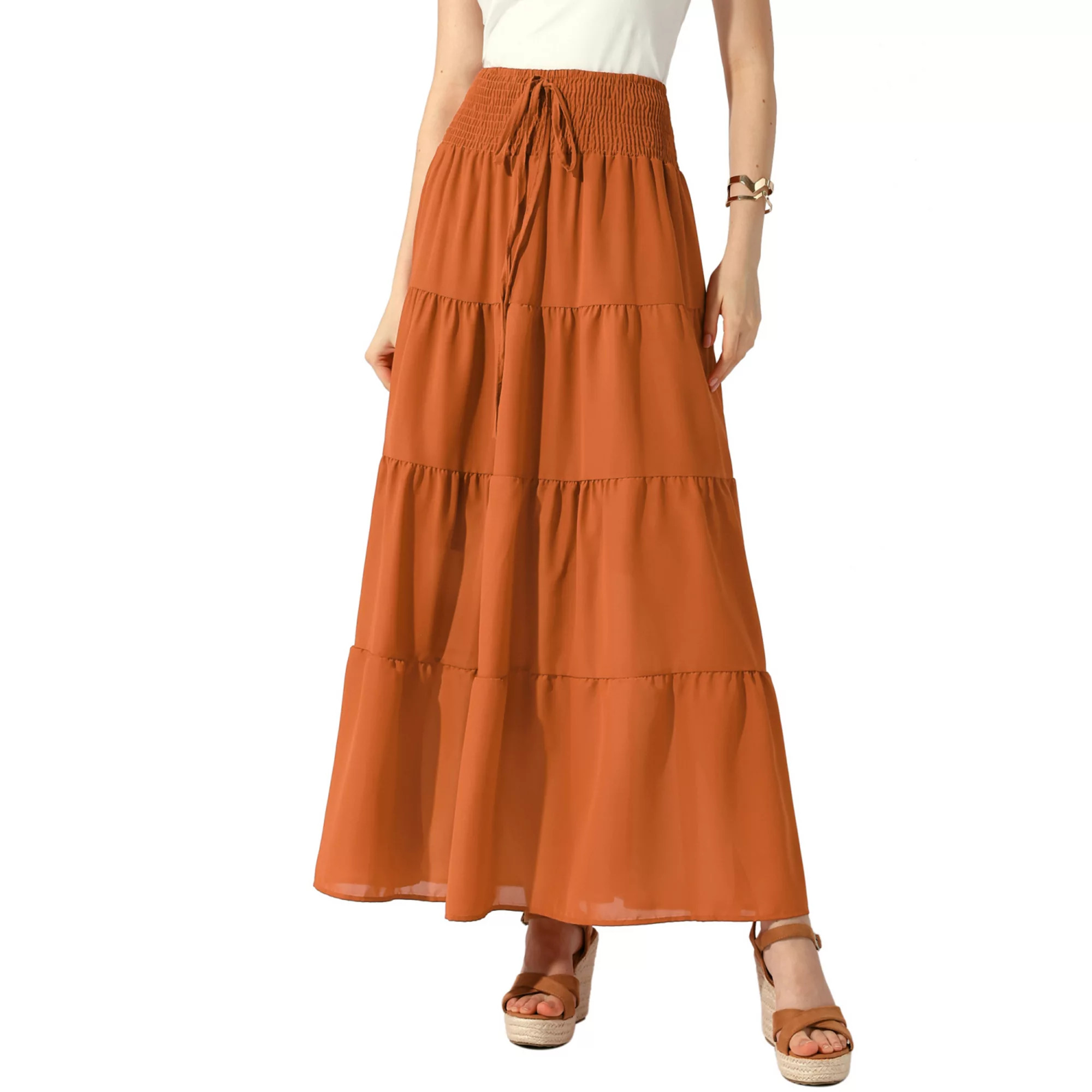 Women's Boho Skirts Summer Smocked Elastic Waist Tiered A-line Beach Maxi Skirt | Kohl's