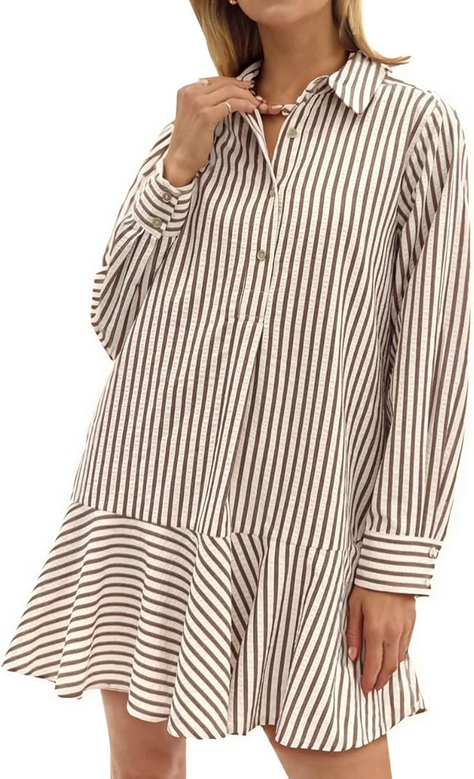 Womens Striped Shirt Mini Dress Long Sleeve Collared Ruffle Hem Button Up Tunic Flowy Swing Dress... | Amazon (US)