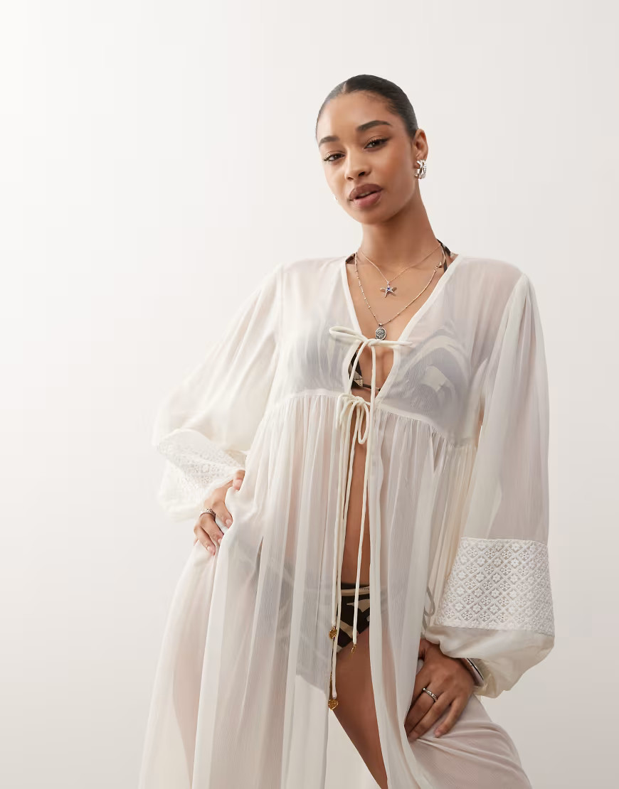 Reclaimed Vintage beach kimono cover up with lace and crochet panels in white | ASOS (Global)