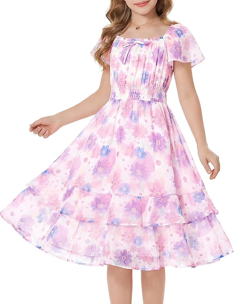 GRACE KARIN Girls Floral Summer Dress Flutter Sleeve Square Neck Midi Casual Dress for Girl 6-14Y | Amazon (US)