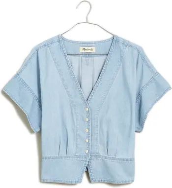 Pleated Short Sleeve Denim Top | Nordstrom