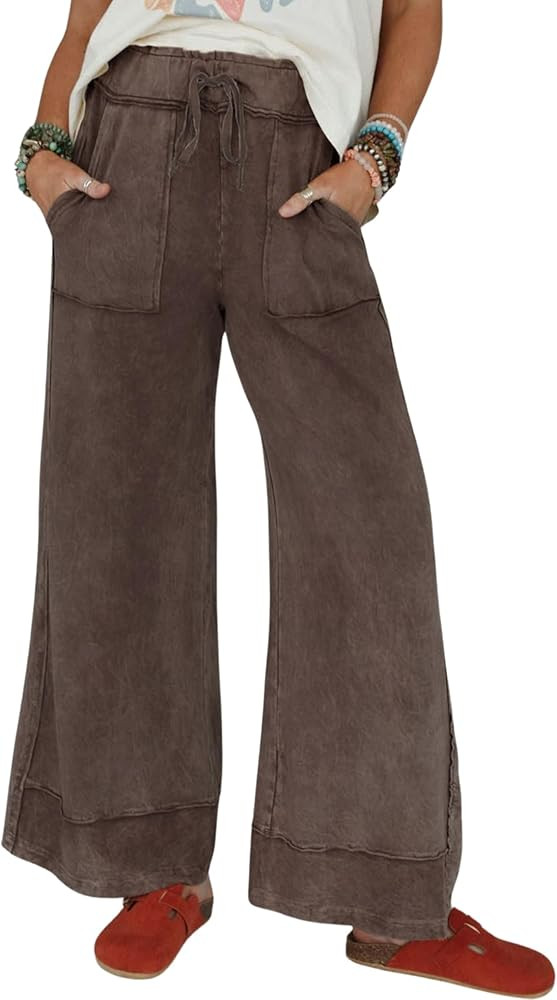 Athlisan Womens Casual Wide Leg Sweatpants Acid Wash Elastic Waisted Palazzo Pants Trousers with ... | Amazon (US)