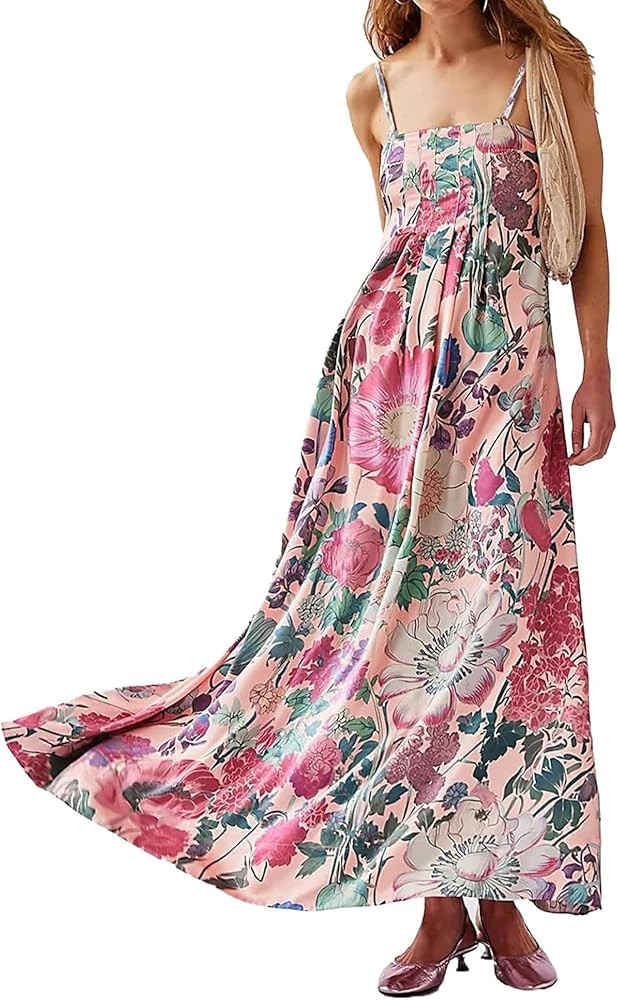 Women Floral Maxi Dress Spaghetti Straps V Neck Lace Patchwork Flowy Tiered Boho Beach Sundress L... | Amazon (US)