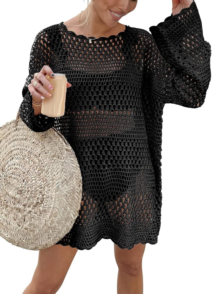 ANRABESS Women Swimsuit Crochet Swim Cover Up Summer Bathing Suit Swimwear Knit Pullover Beach Dress | Amazon (US)