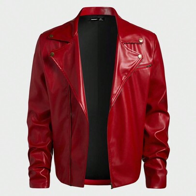 Men's Casual Loose Fit Zip-Up Jacket With PU Leather Detail, Long Sleeve Fashionable Daily Wear Going Out Fashion Long Sleeve Dark Red Jacket, For Fri | SHEIN