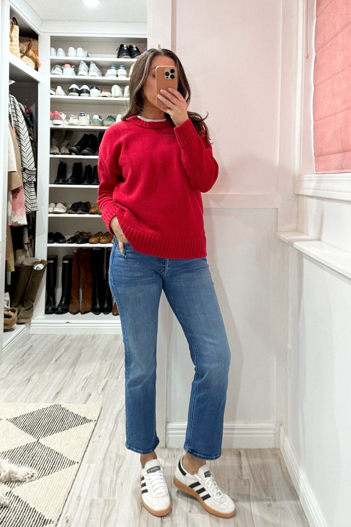 Sweater in xs - slightly oversized fit. 
Jeans tts. 
Size down a full size in sneakers.  
If you’re shopping the pink or red sneakers, use code LVR15 for 15% off 🎉

#LTKOver40 #LTKShoeCrush #LTKSaleAlert
