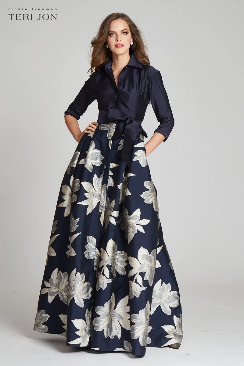 Shirt Waist Jacquard Gown with Large Floral Print Skirt | TERIJON