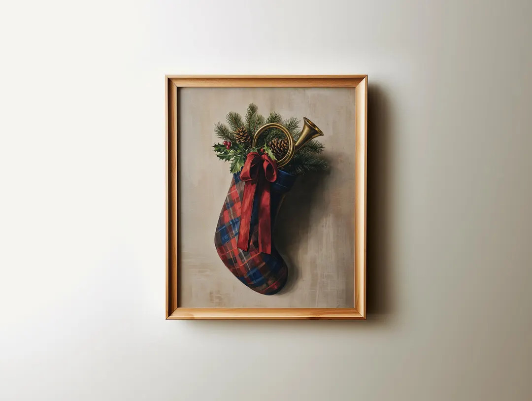 Christmas Stocking Print, Preppy Tartan Heritage Classic Holiday Wall Art - Etsy | Etsy (US)