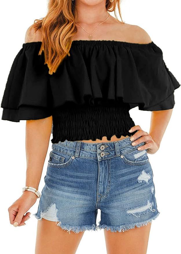 Hibluco Womens Off Shoulder Tops Ruffled Crop Top Smocked Waist Blouse Summer Tops | Amazon (US)