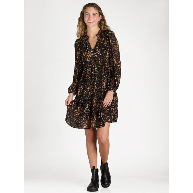 Time and Tru Ruffle Neck Mini Dress with Long-Sleeves, Women's and Women's Plus, Sizes XS-4X | Walmart (US)