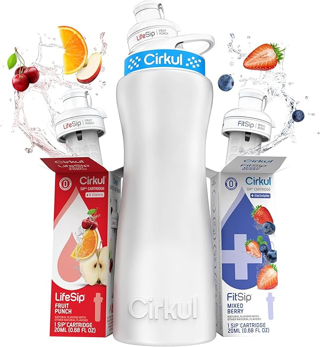 Cirkul 22oz. White Stainless Steel Water Bottle Starter Kit with Blue Lid, 2 Flavor Cartridges (1... | Amazon (US)