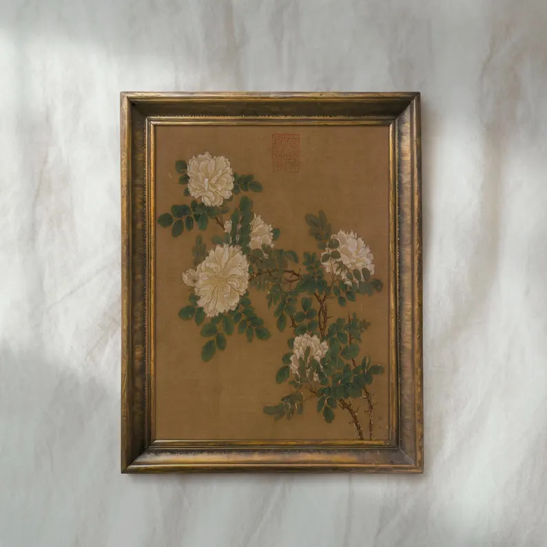 Vintage Floral Painting | Japanese Botanical Flower Artwork | Rustic Cottagecore Wall Decor | Mai... | Etsy (US)