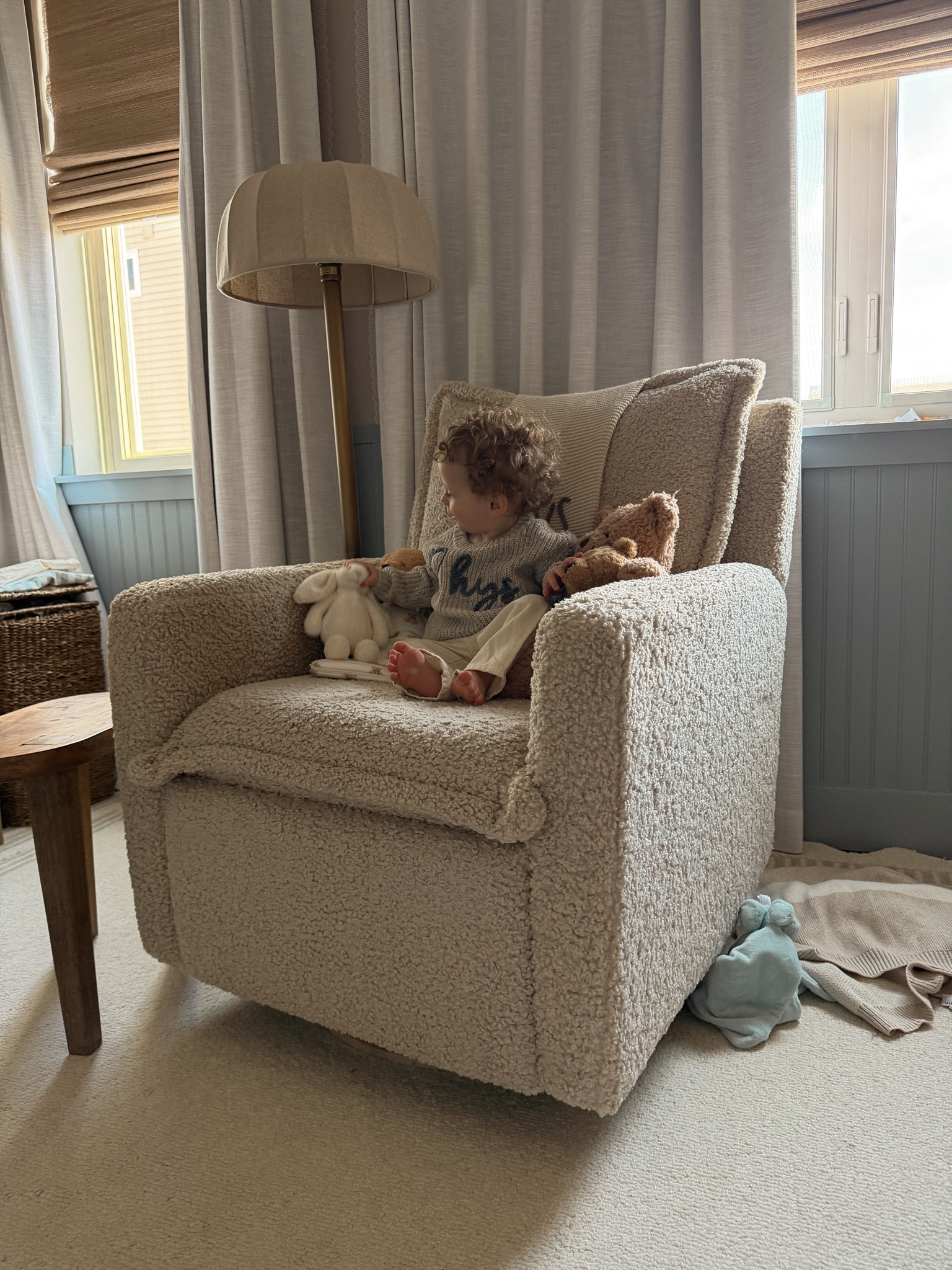 We love our nursery chair! We've spent so much time in this chair between nursing sessions, contact naps, and reading books. It's super comfy and soft, has a button to recline, swivels, and rocks. 

#LTKmomlife #LTKBaby #LTKHome
