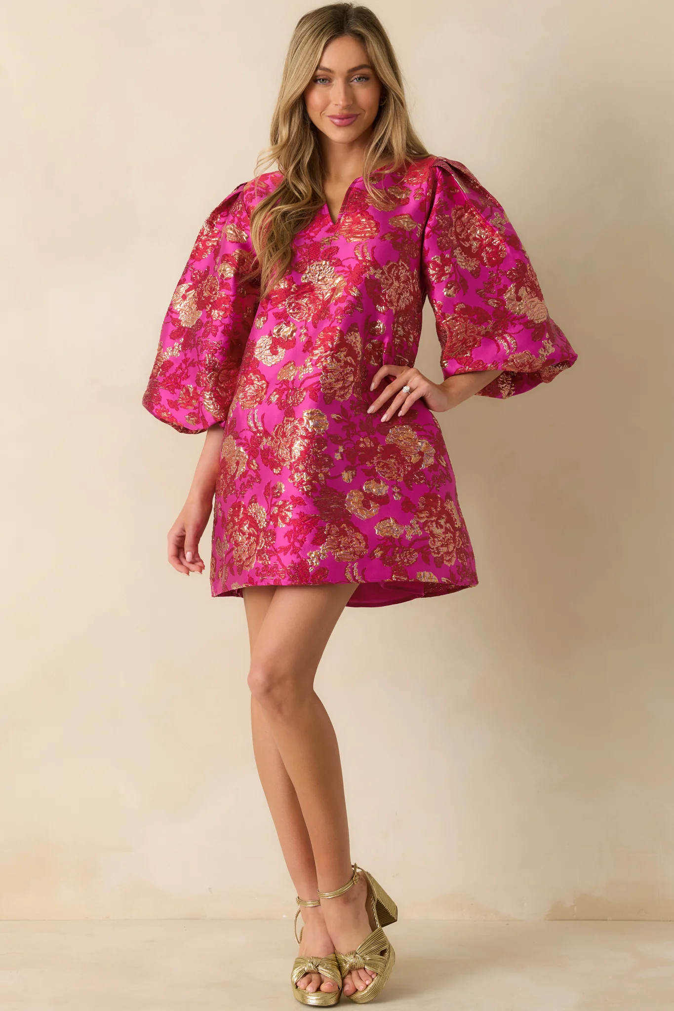 Gilded Garden Hot Pink Floral Jacquard Mini Dress | Red Dress