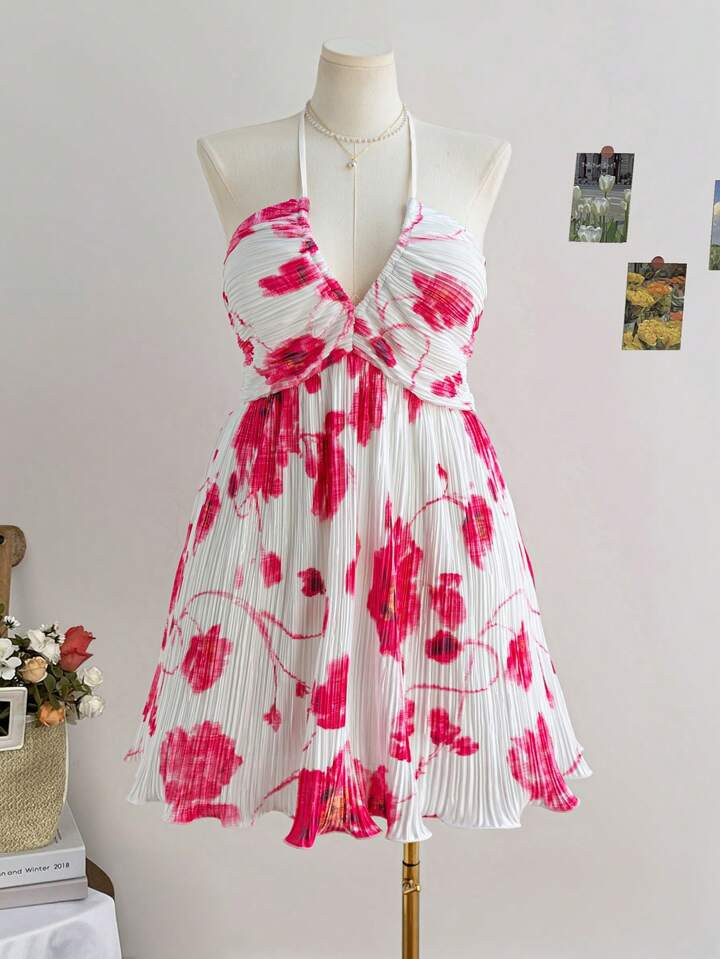 Soleia Plus Size Women Floral Tie Dye Pleated Backless Loose Vacation Dress, Suitable For Back To... | SHEIN