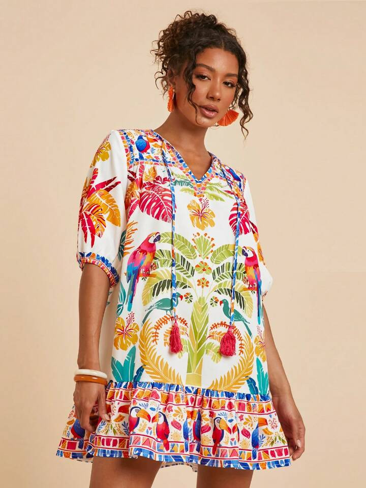 Travachic Printed V-Neck Loose Fit Short Sleeve Casual Dress For Women, Summer Clothes, Summer Outfits For Women, Summer Dresses For Women Women Summer Clothing Woman S Summer Clothes Women Short Dresses Summer Work Summer Dresses,Bohemian Clothes | SHEIN