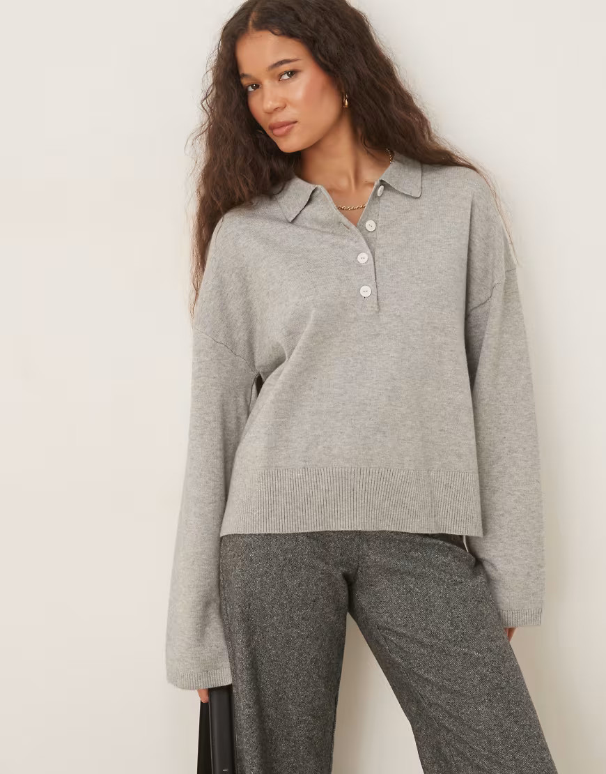Gina Tricot long sleeve collar knitted sweater in light grey melange | ASOS (Global)