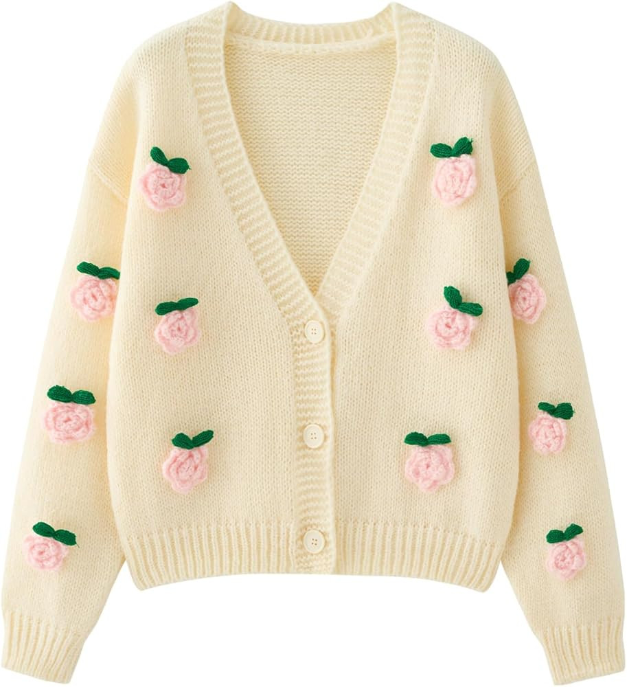 HOULENGS Women's Strawberry Print Button Down Long Sleeve V Neck Crop Cardigan Sweater | Amazon (US)