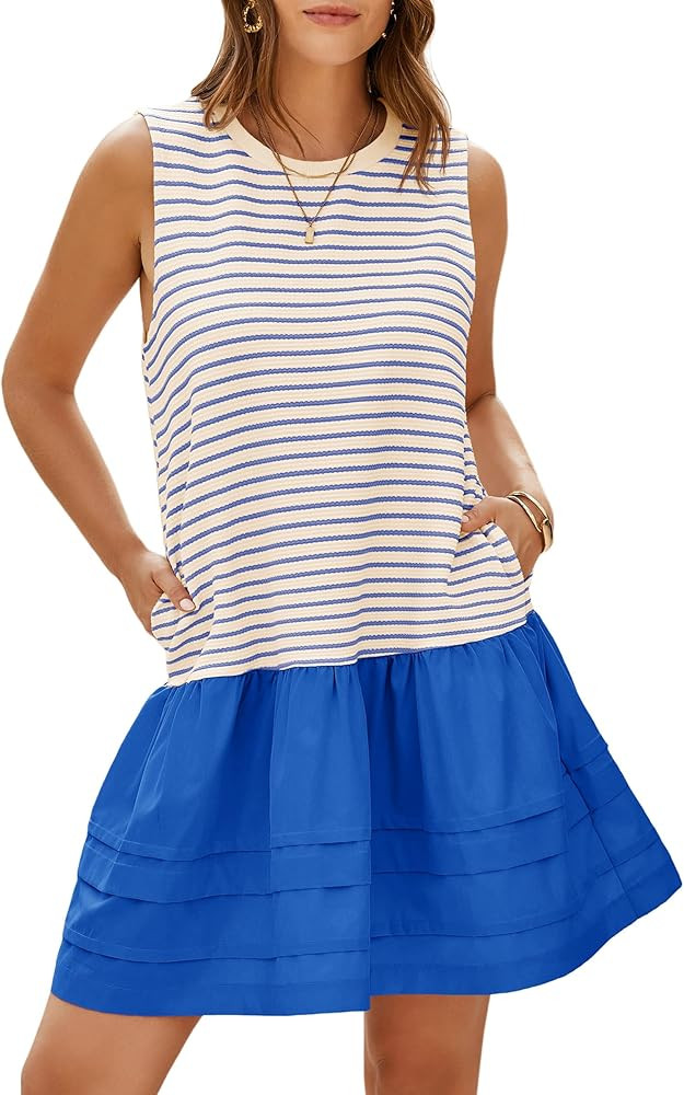 Wenrine Womens Summer Tank Mini Dress Casual Striped Sleeveless Crewneck Constrast Patchwork Loos... | Amazon (US)